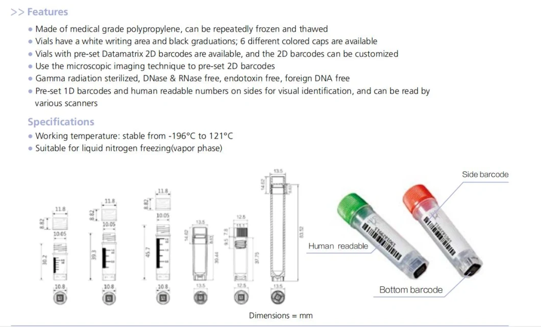 Cryoking Cryogenic Vials; 0.5ml -5.0ml, External, Sample Free